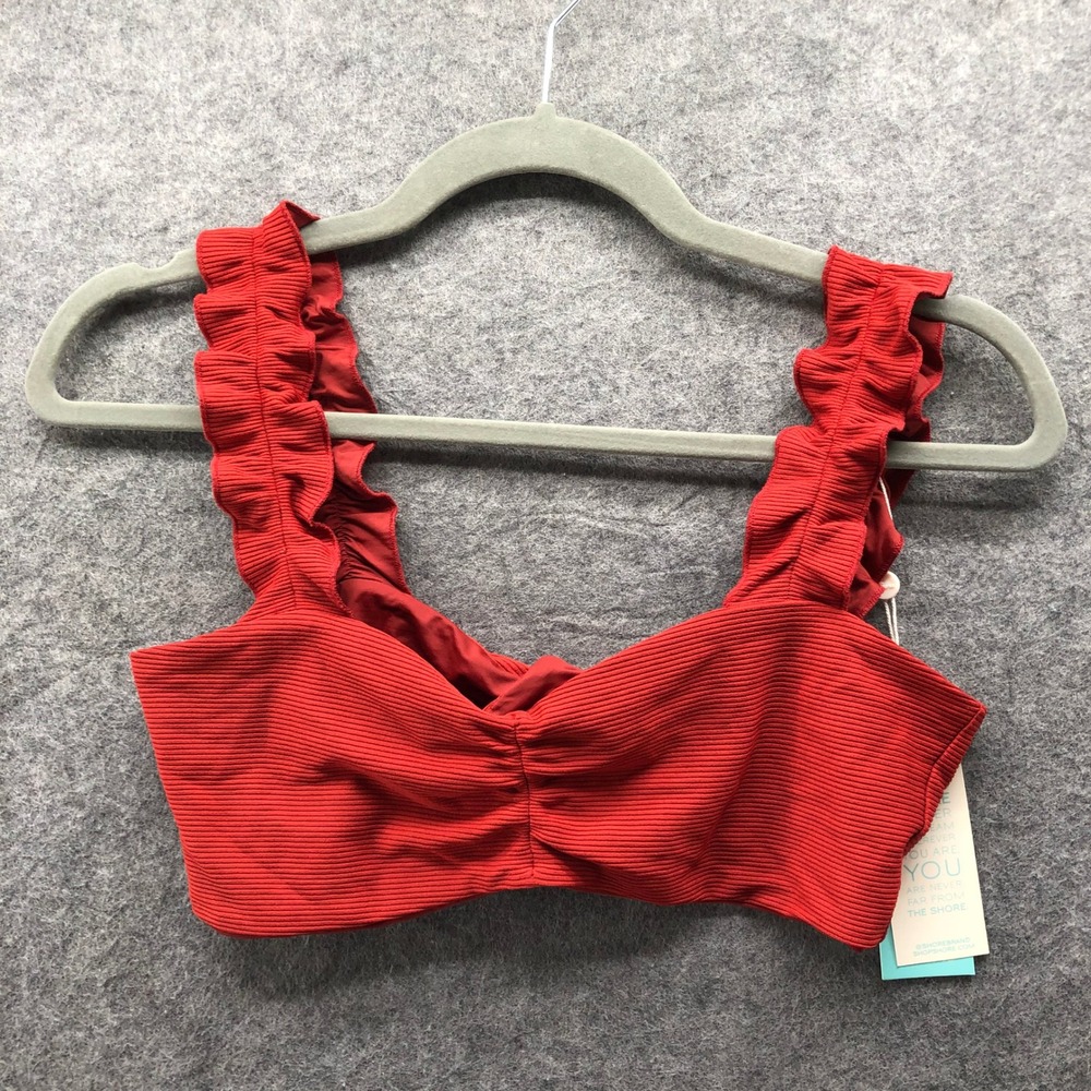 NWT Shore Ruffle Siesta Bikini Top Womens M Brown Ribbed Bandeau Sweetheart Tie